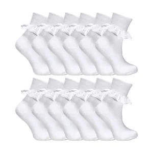 12 Pack Baby Girls White Soft Frilly Lace Socks