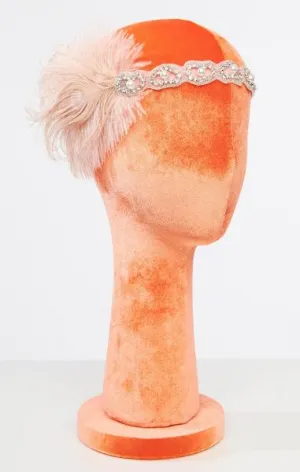 1920s Feather & Silver Rhinestone Headband - Peach
