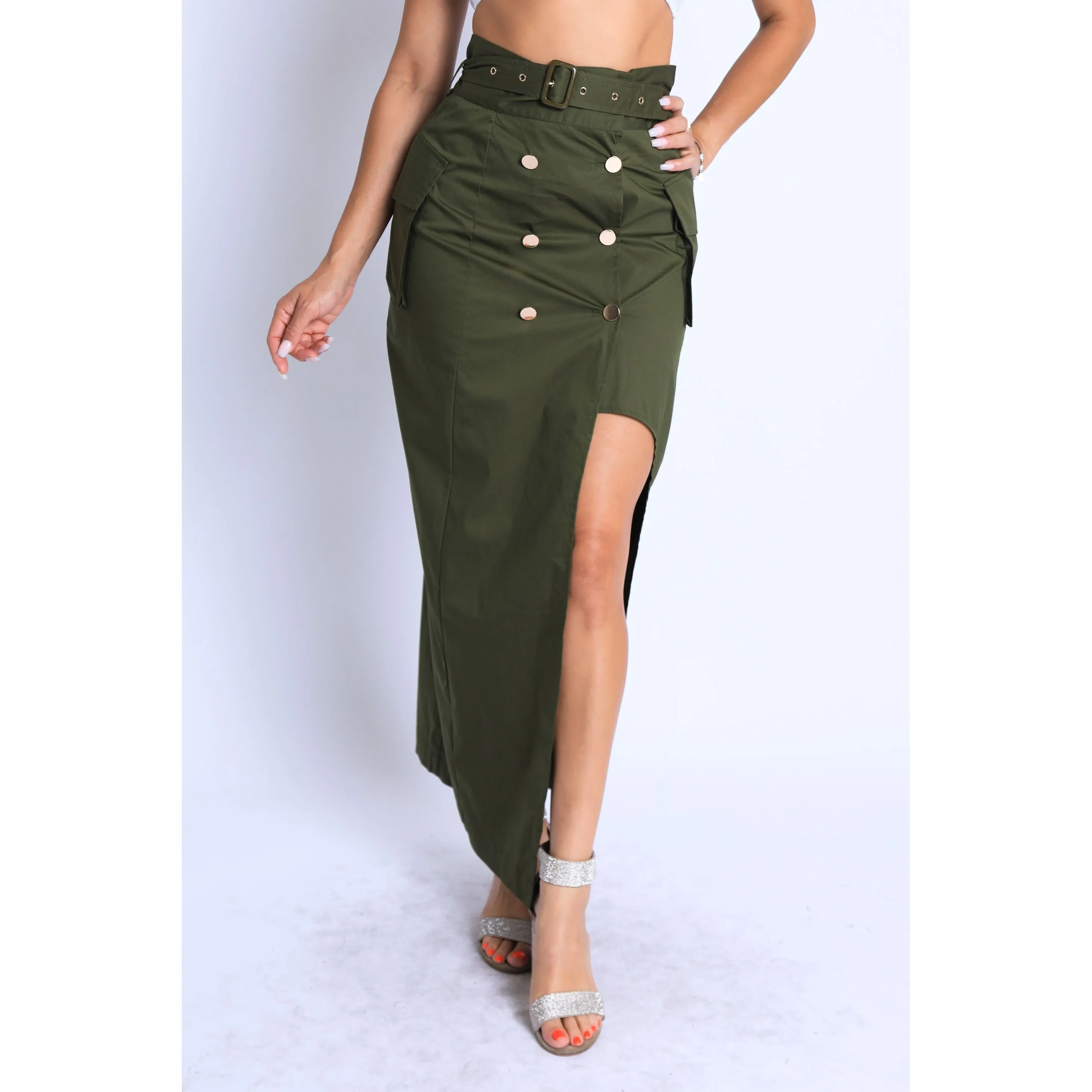 Asymmetric Self Belted Pockets Detailed Maxi Skirt Formal-Casual