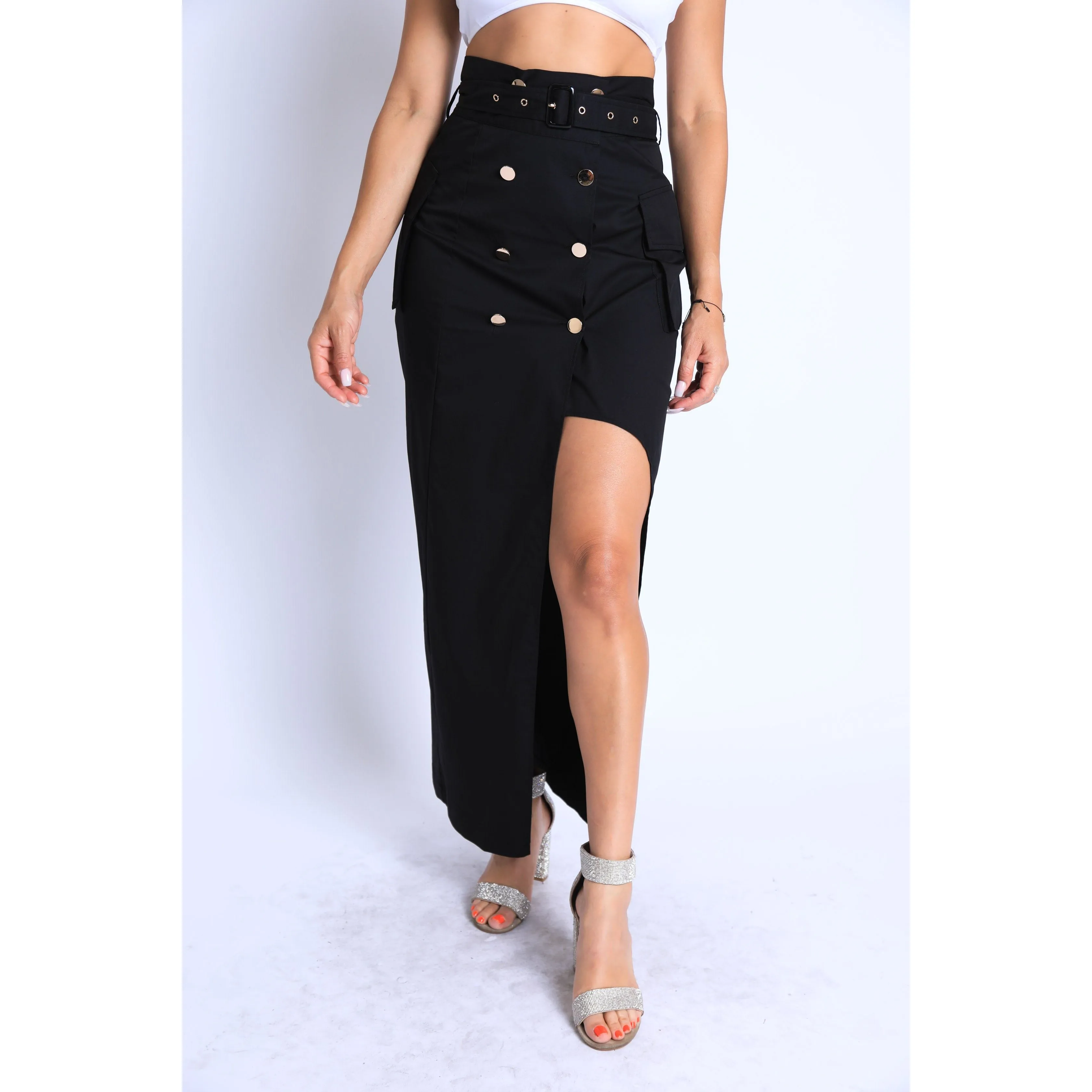 Asymmetric Self Belted Pockets Detailed Maxi Skirt Formal-Casual