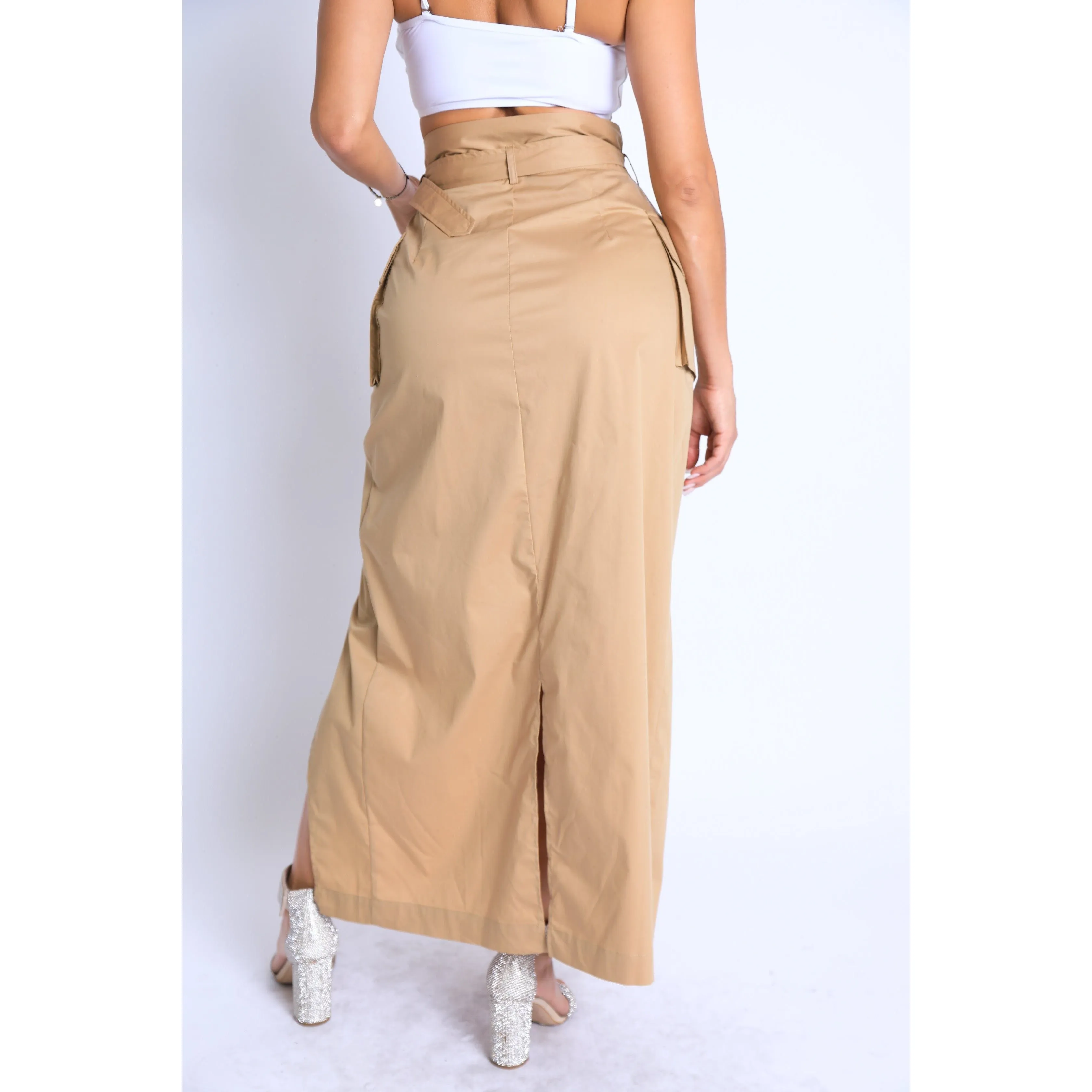 Asymmetric Self Belted Pockets Detailed Maxi Skirt Formal-Casual