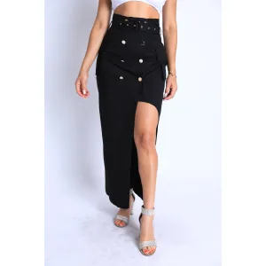 Asymmetric Self Belted Pockets Detailed Maxi Skirt Formal-Casual