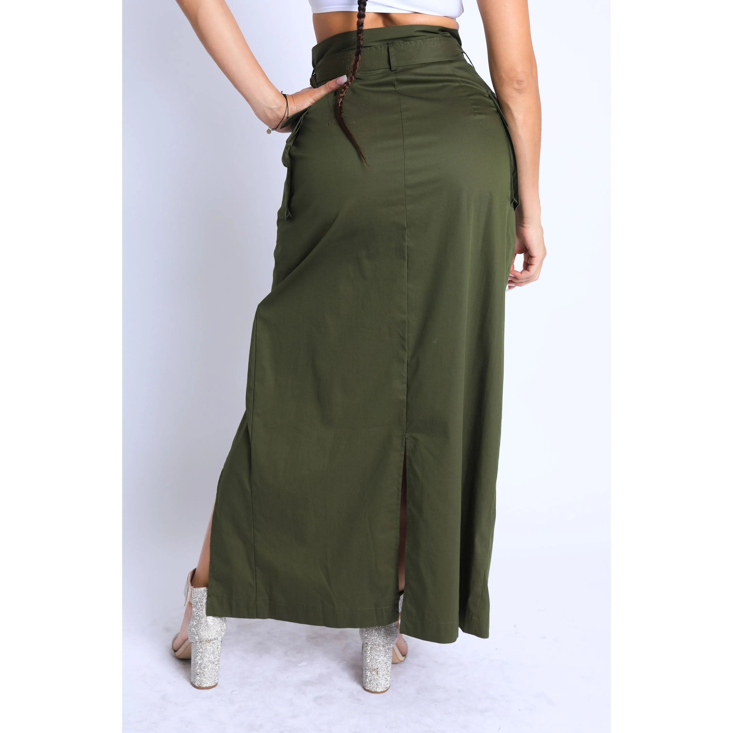 Asymmetric Self Belted Pockets Detailed Maxi Skirt Formal-Casual