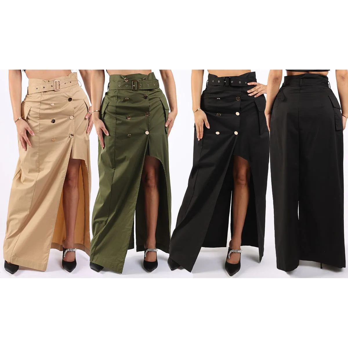 Asymmetric Self Belted Pockets Detailed Maxi Skirt Formal-Casual