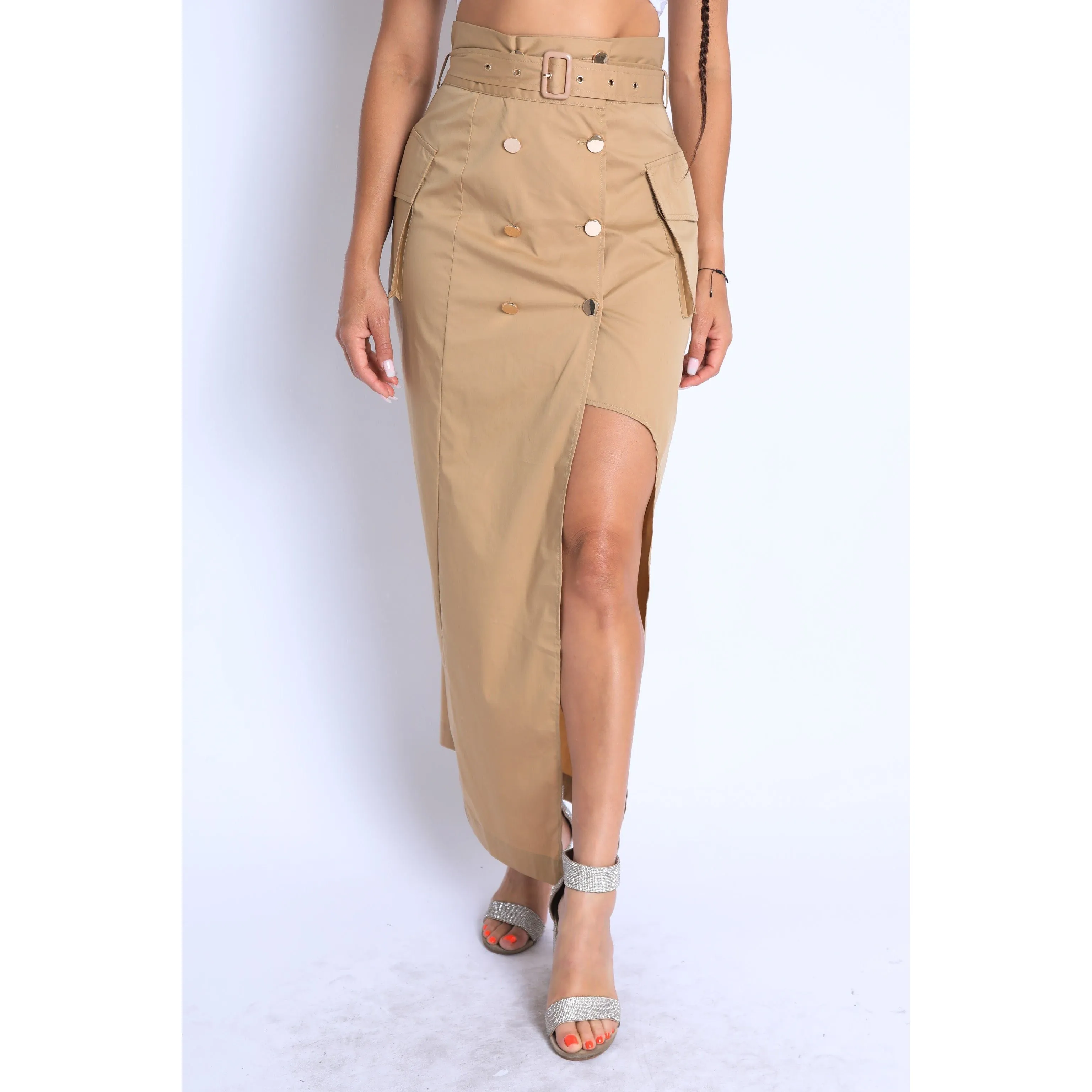 Asymmetric Self Belted Pockets Detailed Maxi Skirt Formal-Casual