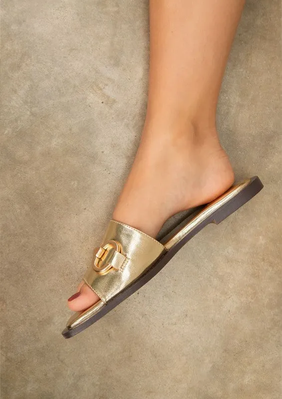 Ava Horse Bit Slip-Ons – Flat Mule Sandals, Memory Foam, Vegan Leather