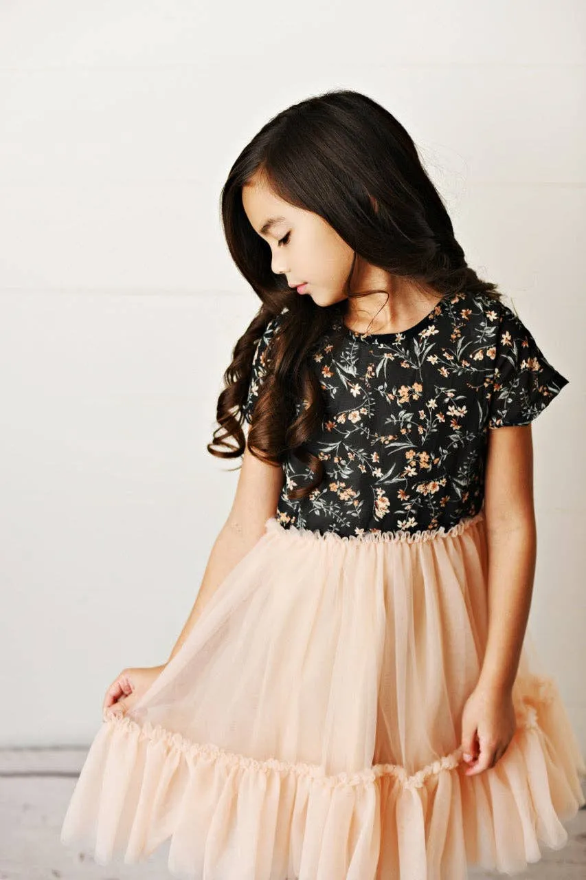 Black & Peach Floral Tulle Dress