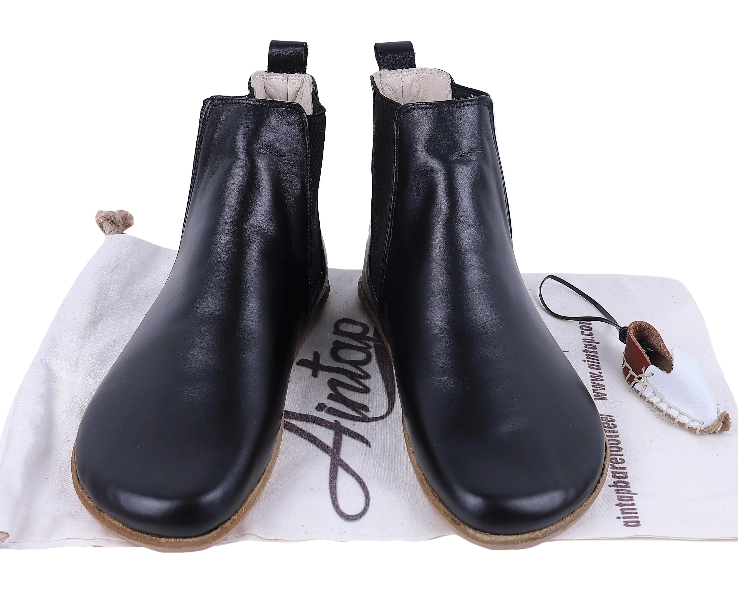 Black Chelsea Boots Wide Barefoot Smooth Leather Handmade Shoes