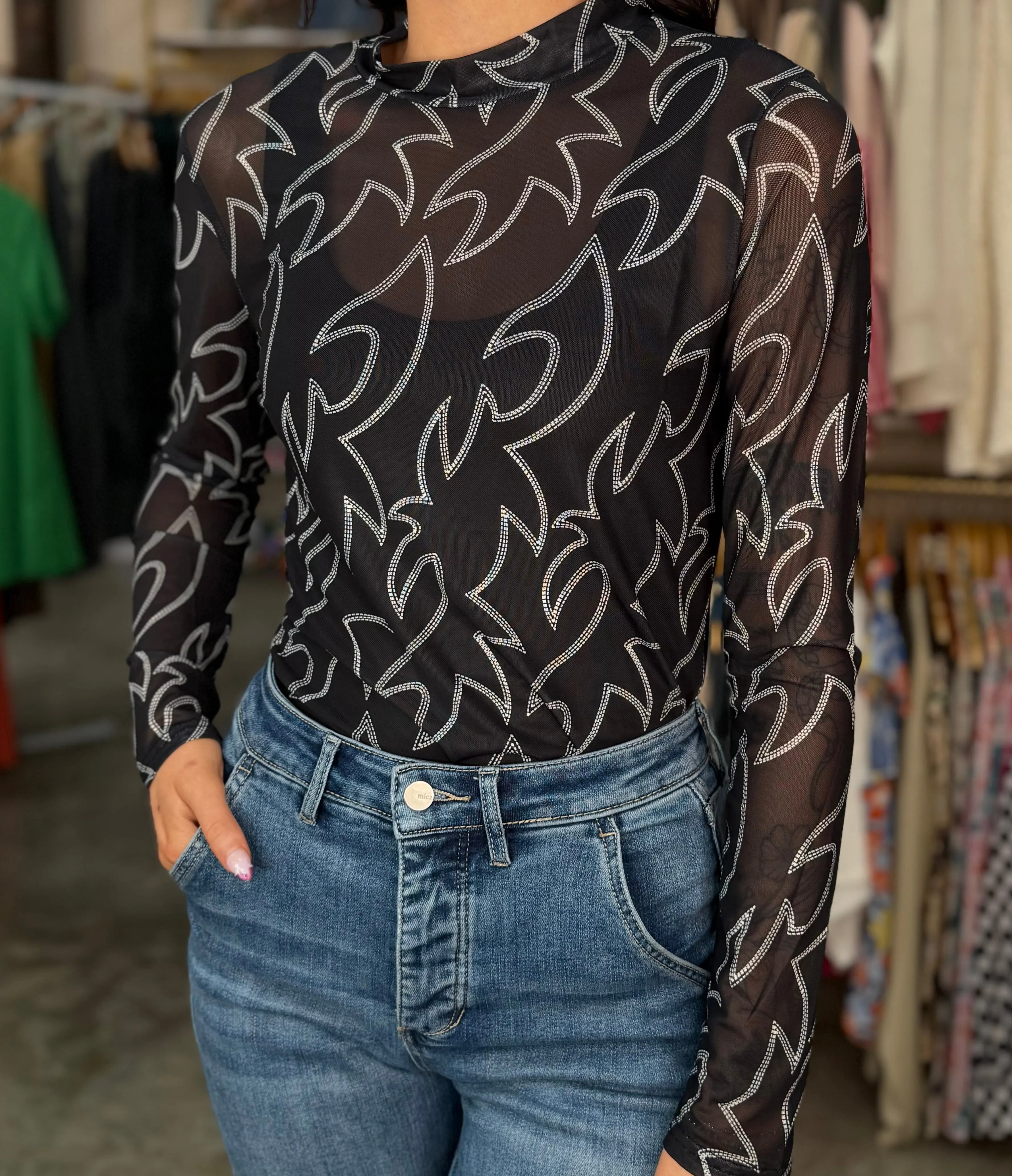 Boots Stitch Mesh Mock Neck Top
