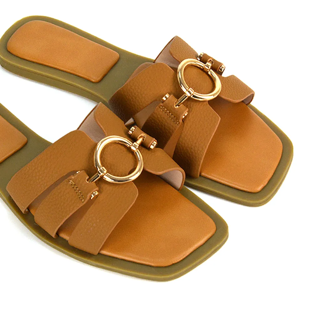 Char Slip On Flat Sandals Square Toe Gold Buckle Summer Slides in Black