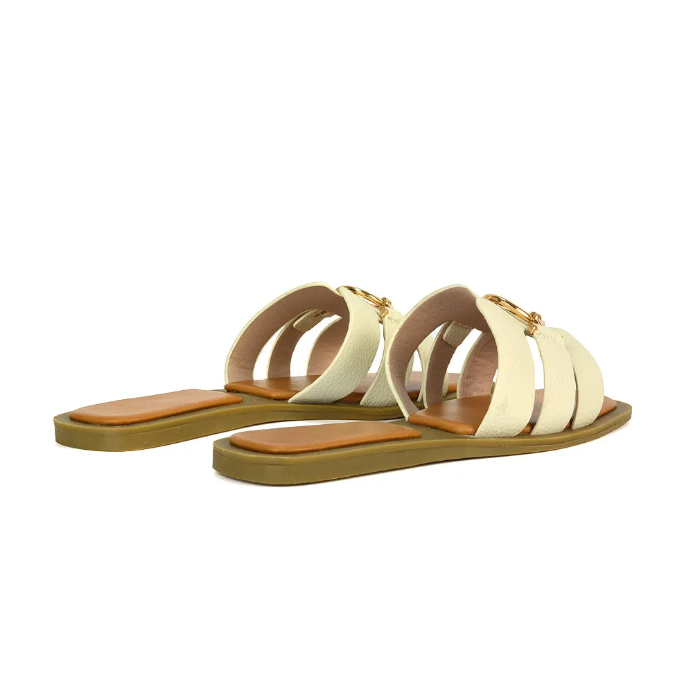 Char Slip On Flat Sandals Square Toe Gold Buckle Summer Slides in Black