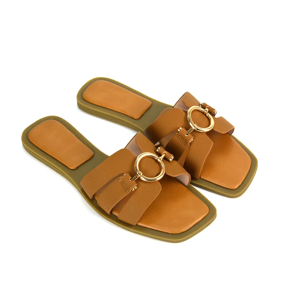 Char Slip On Flat Sandals Square Toe Gold Buckle Summer Slides in Putty