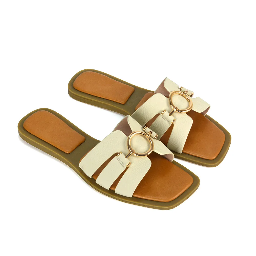 Char Slip On Flat Sandals Square Toe Gold Buckle Summer Slides in Putty
