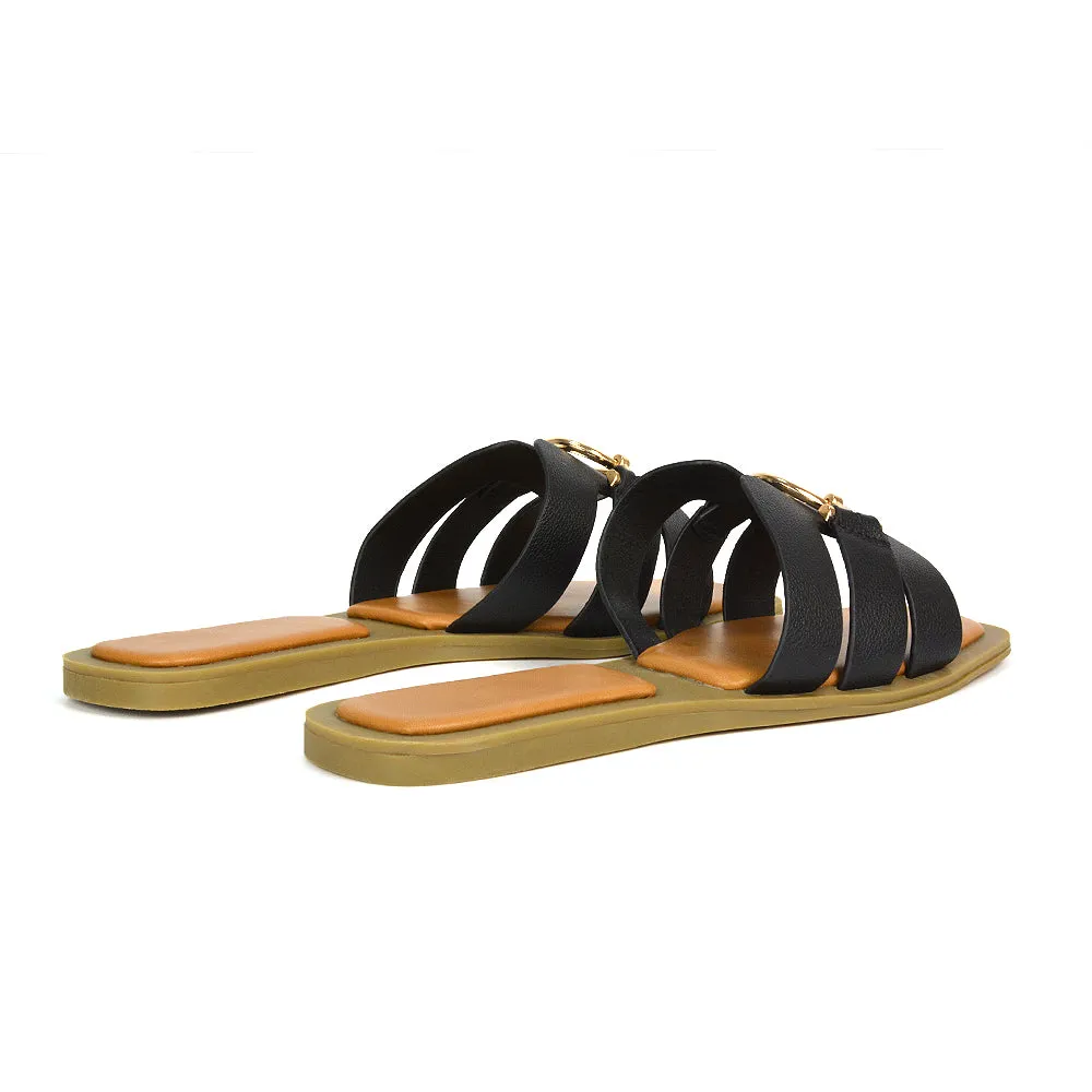 Char Slip On Flat Sandals Square Toe Gold Buckle Summer Slides in Putty
