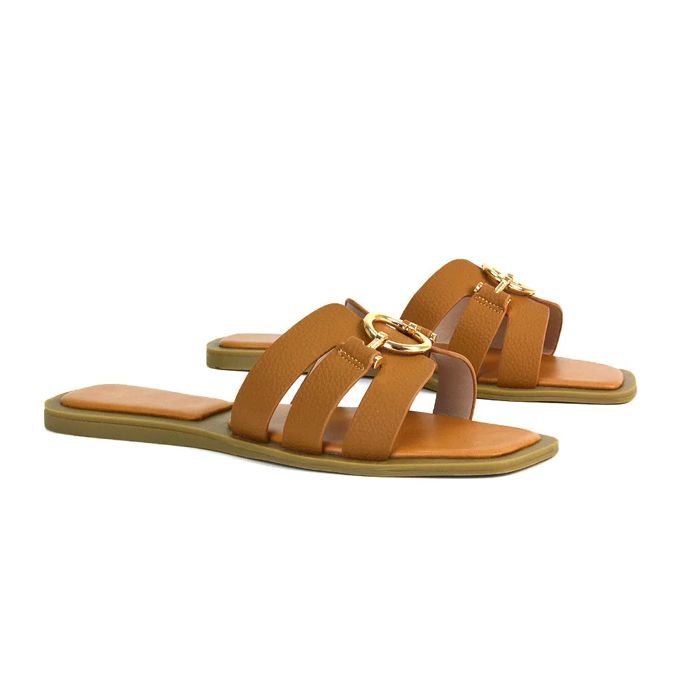 Char Slip On Flat Sandals Square Toe Gold Buckle Summer Slides in Putty