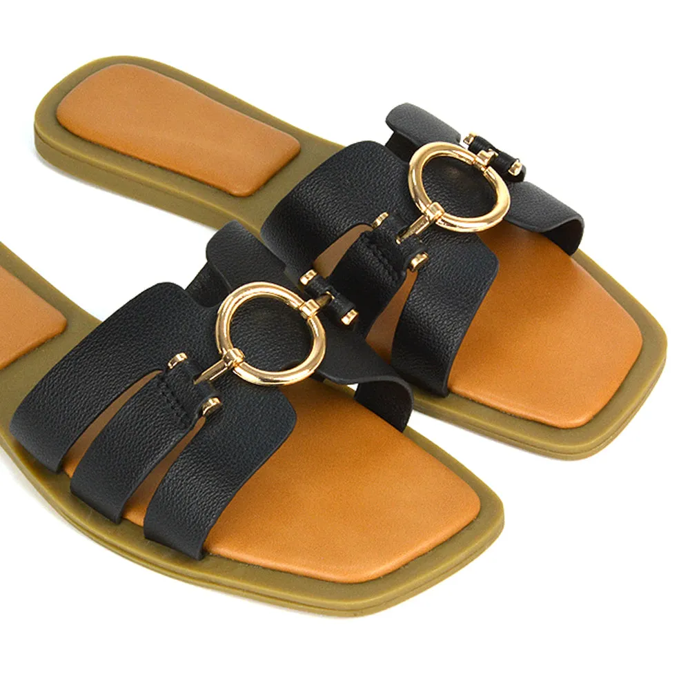 Char Slip On Flat Sandals Square Toe Gold Buckle Summer Slides in Putty