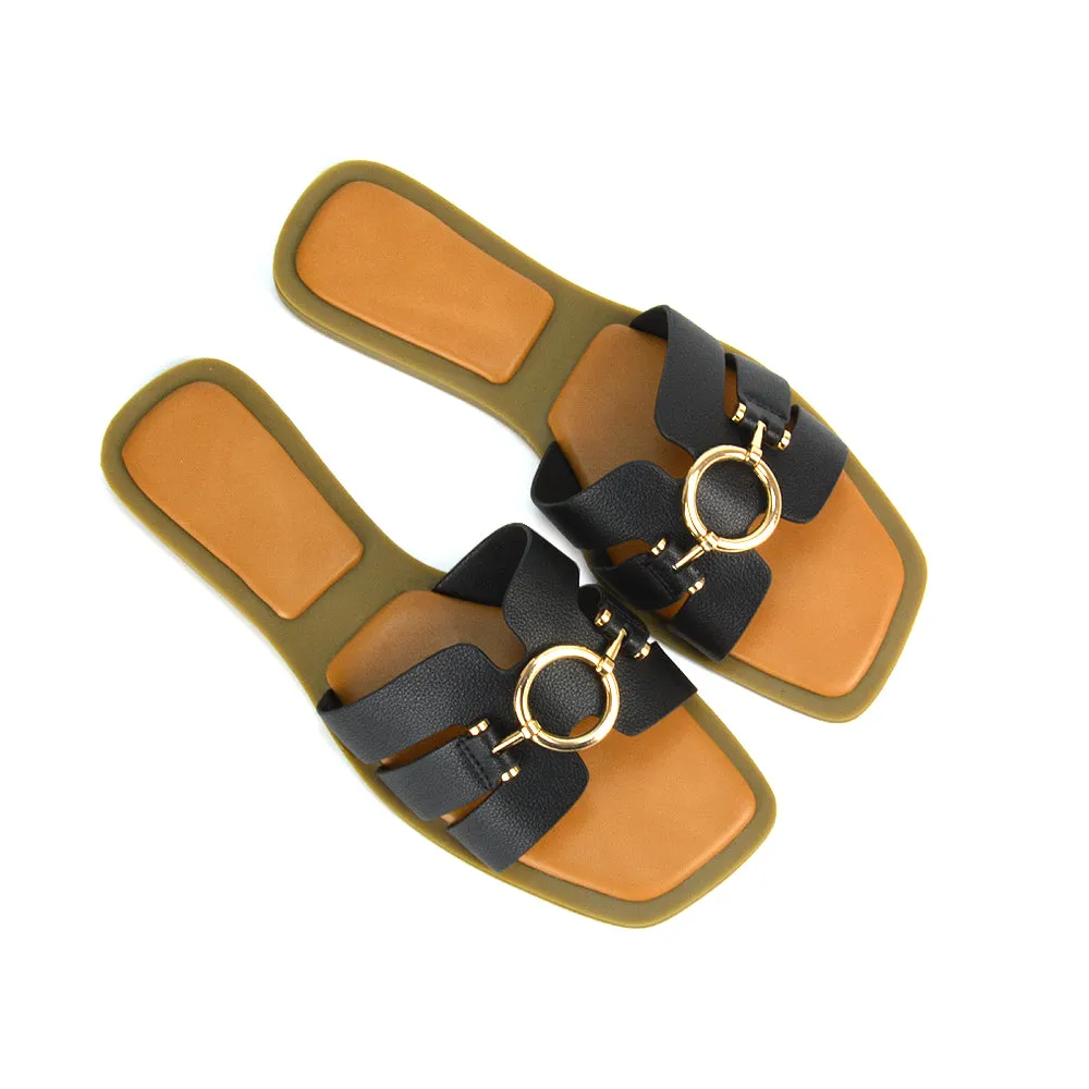 Char Slip On Flat Sandals Square Toe Gold Buckle Summer Slides in Putty