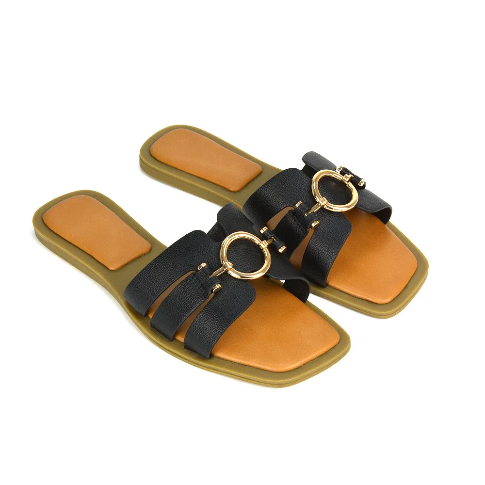 Char Slip On Flat Sandals Square Toe Gold Buckle Summer Slides in Putty