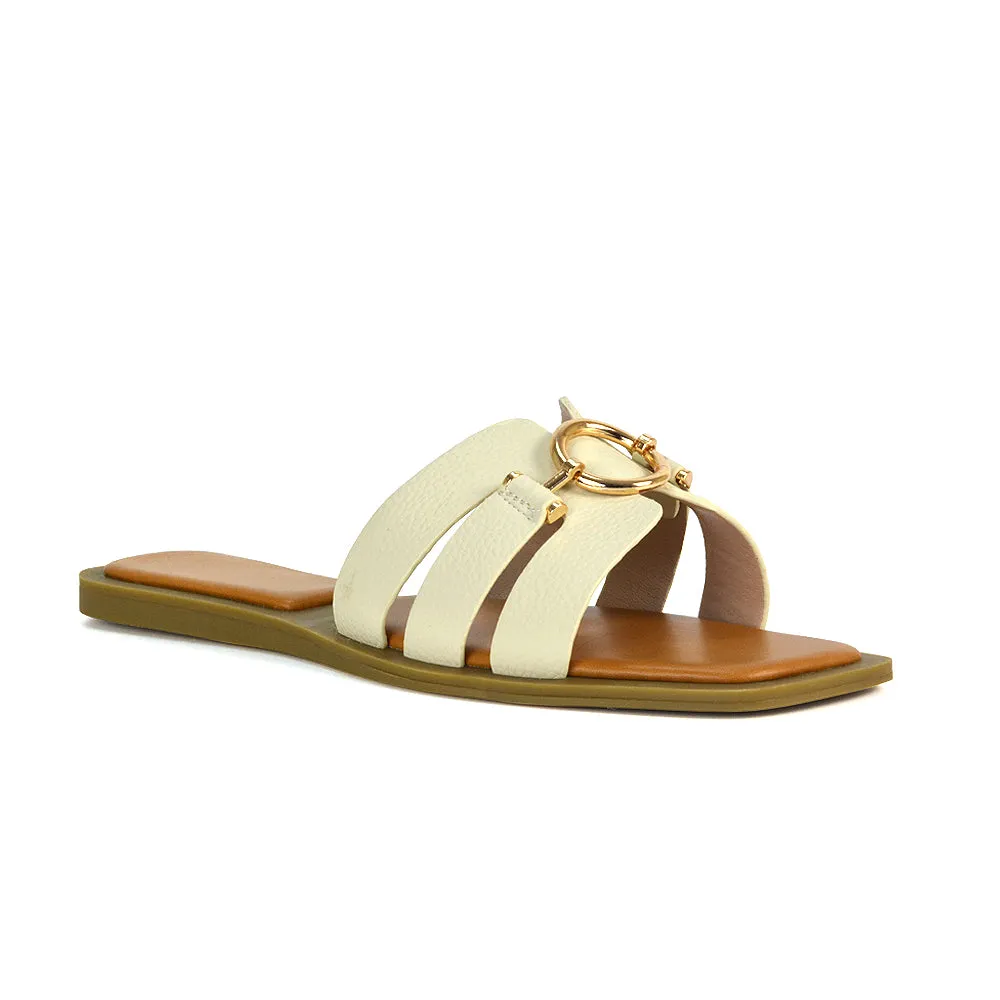 Char Slip On Flat Sandals Square Toe Gold Buckle Summer Slides in Putty