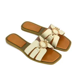 Char Slip On Flat Sandals Square Toe Gold Buckle Summer Slides in Putty