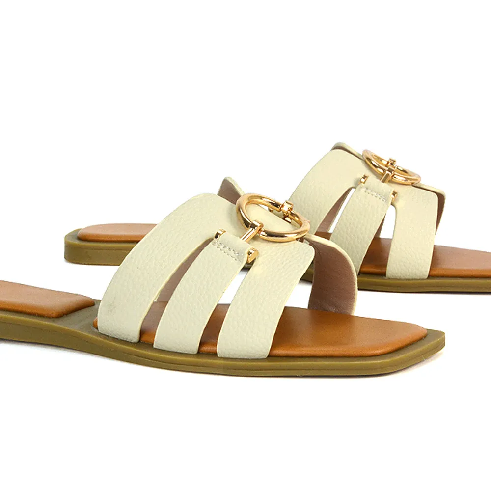 Char Slip On Flat Sandals Square Toe Gold Buckle Summer Slides in Putty