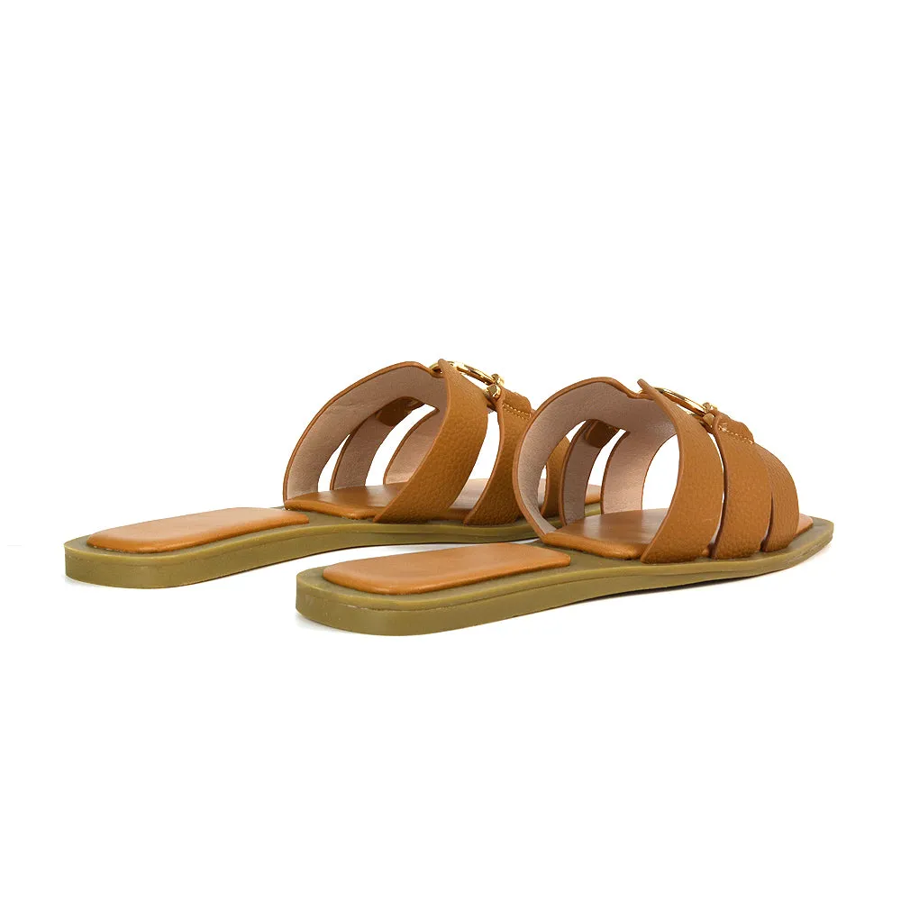 Char Slip On Flat Sandals Square Toe Gold Buckle Summer Slides in Putty
