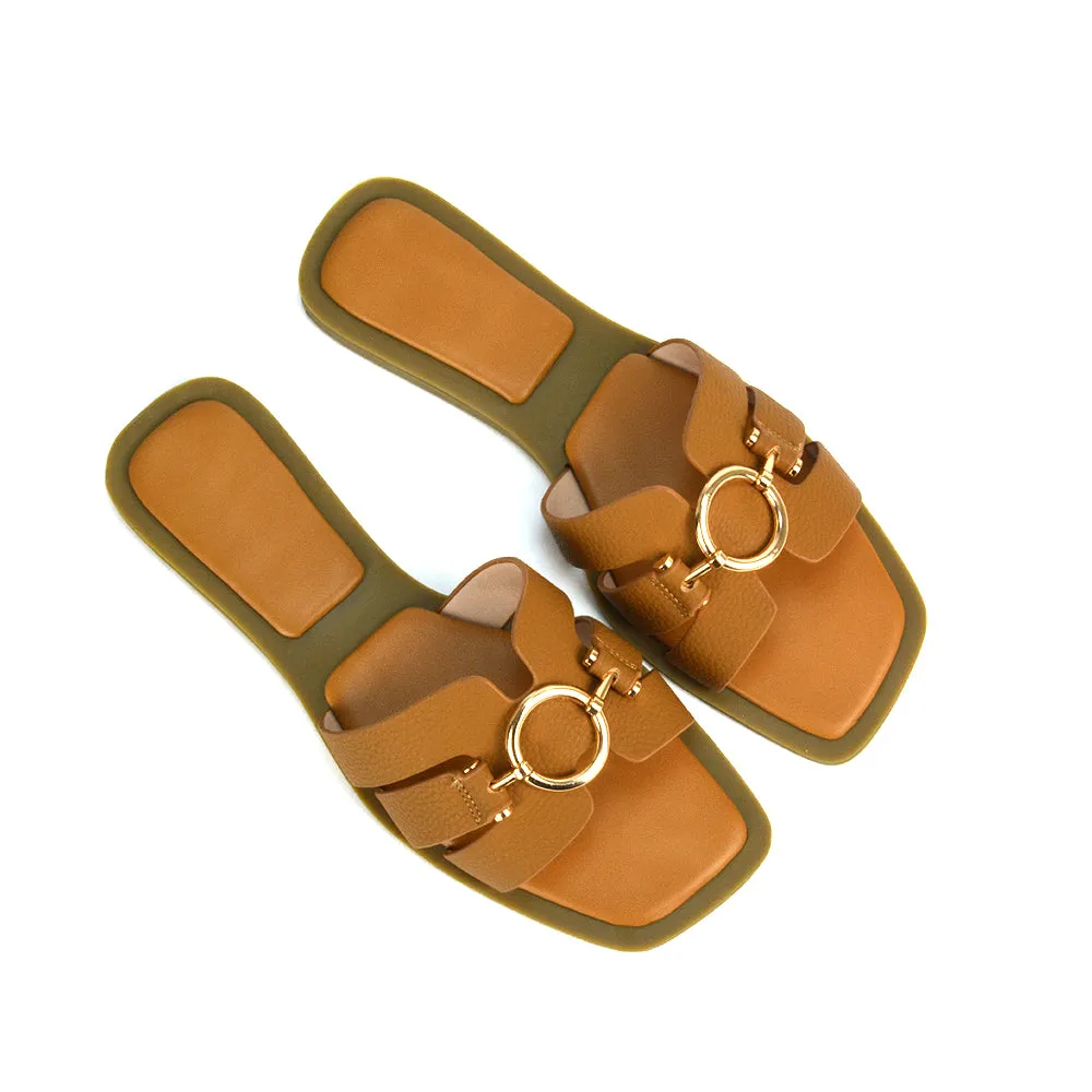 Char Slip On Flat Sandals Square Toe Gold Buckle Summer Slides in Putty