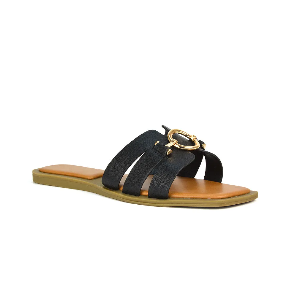 Char Slip On Flat Sandals Square Toe Gold Buckle Summer Slides in Putty
