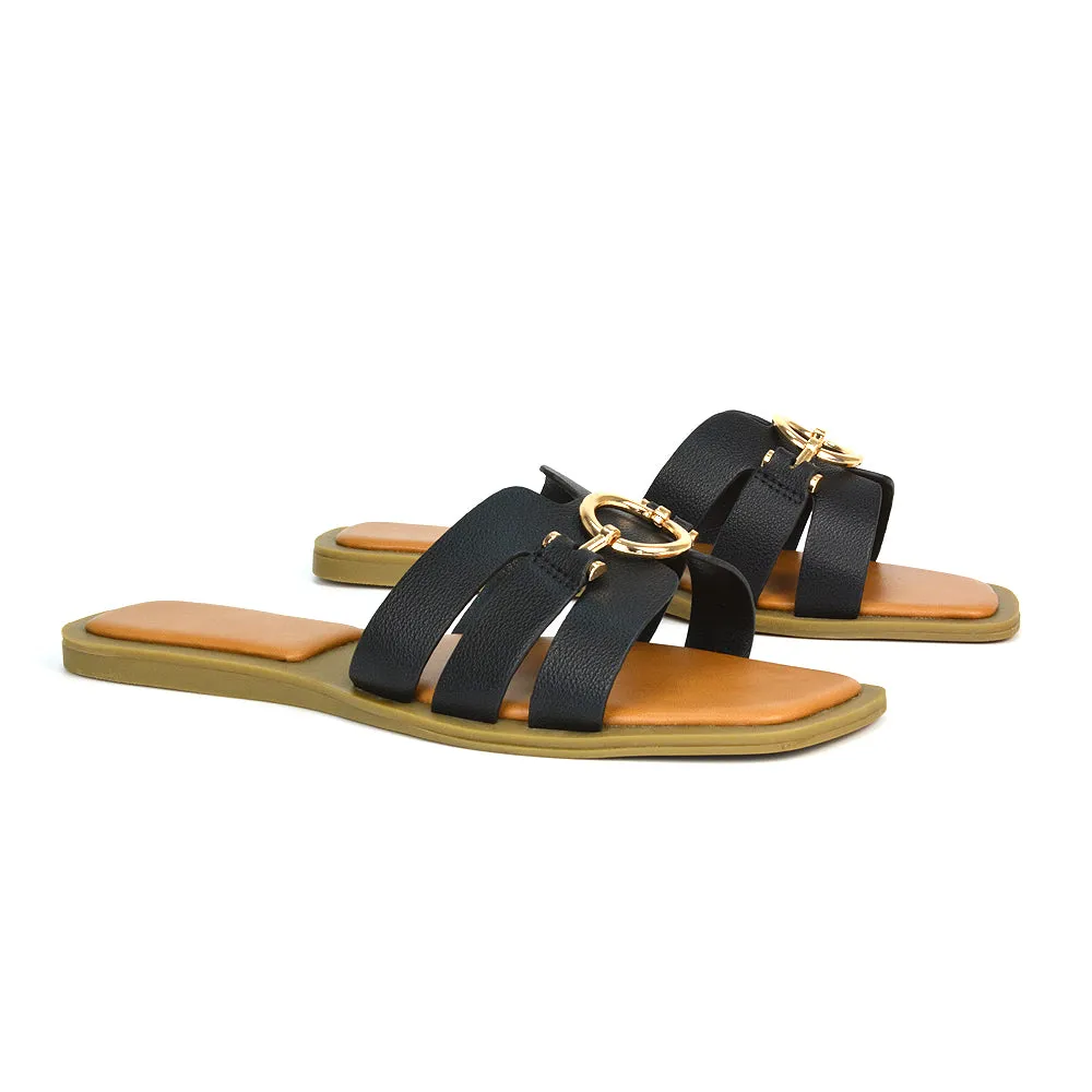 Char Slip On Flat Sandals Square Toe Gold Buckle Summer Slides in Putty