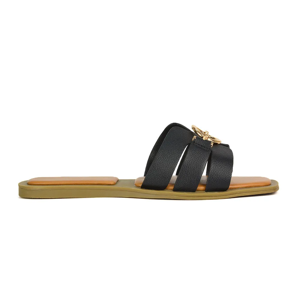 Char Slip On Flat Sandals Square Toe Gold Buckle Summer Slides in Putty