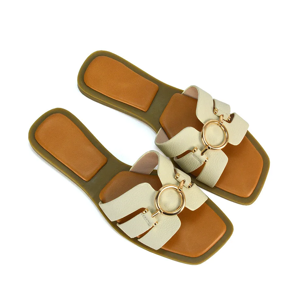 Char Slip On Flat Sandals Square Toe Gold Buckle Summer Slides in Putty