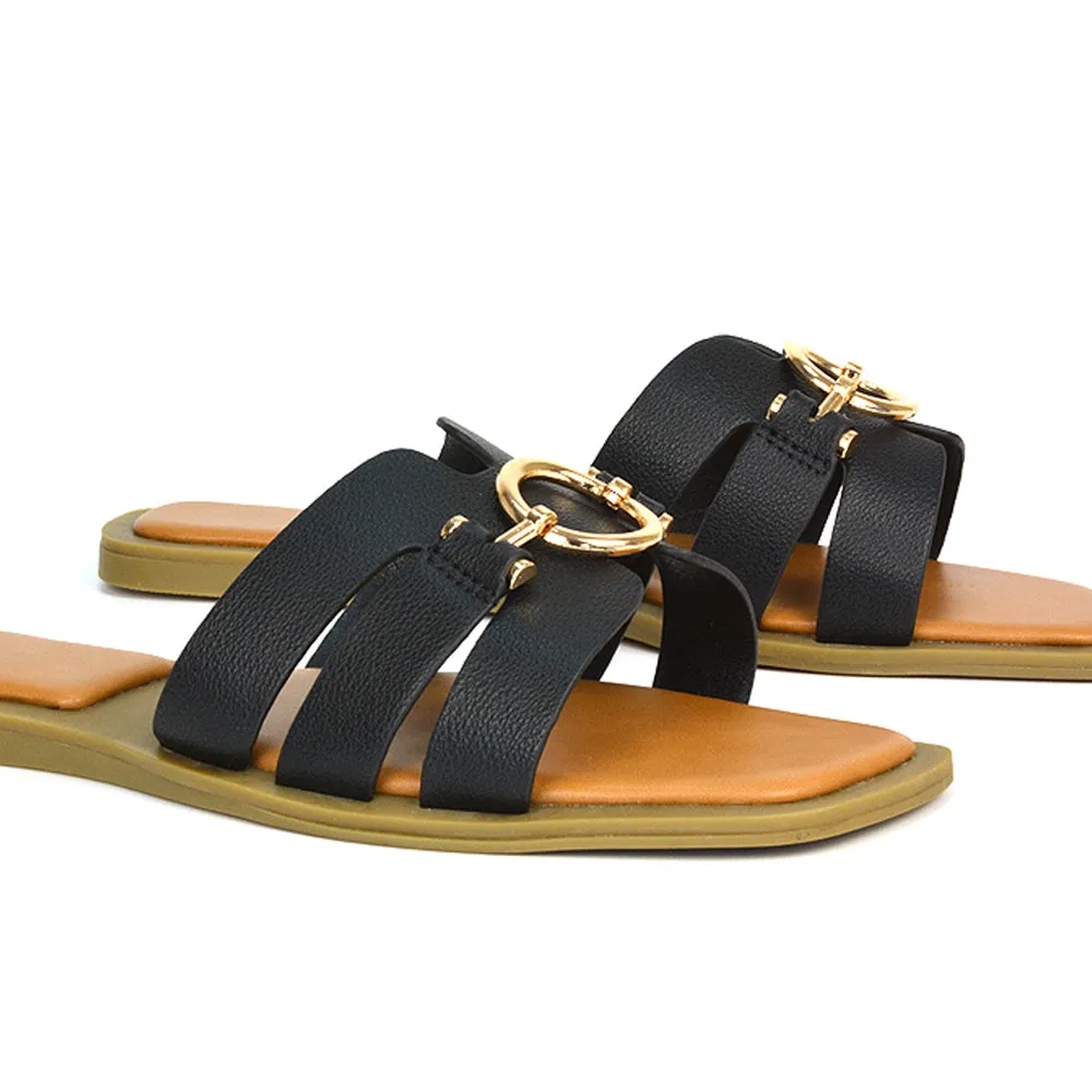 Char Slip On Flat Sandals Square Toe Gold Buckle Summer Slides in Putty