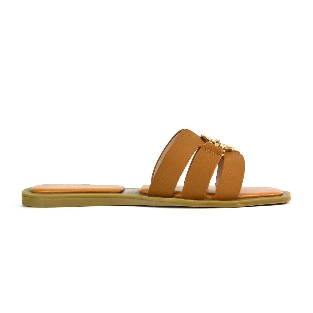 Char Slip On Flat Sandals Square Toe Gold Buckle Summer Slides in Putty