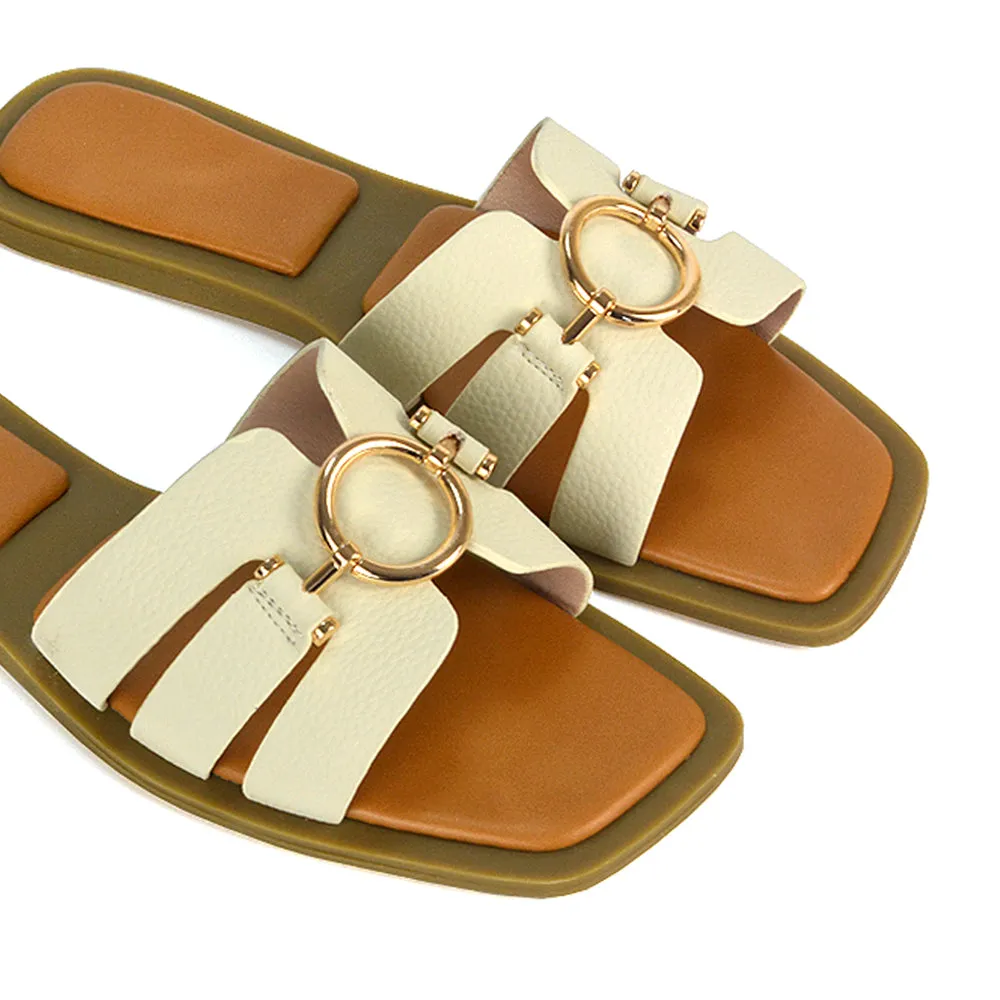 Char Slip On Flat Sandals Square Toe Gold Buckle Summer Slides in Putty