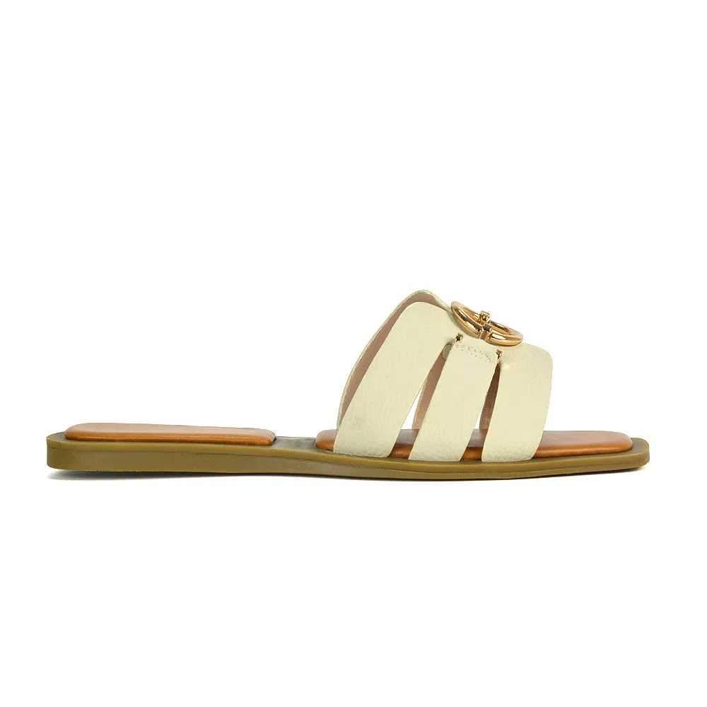 Char Slip On Flat Sandals Square Toe Gold Buckle Summer Slides in Putty