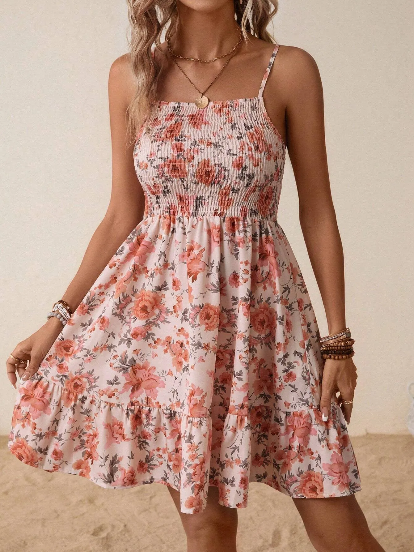 Charming Floral Print Smocked Strap Dress with Ruffle Hem