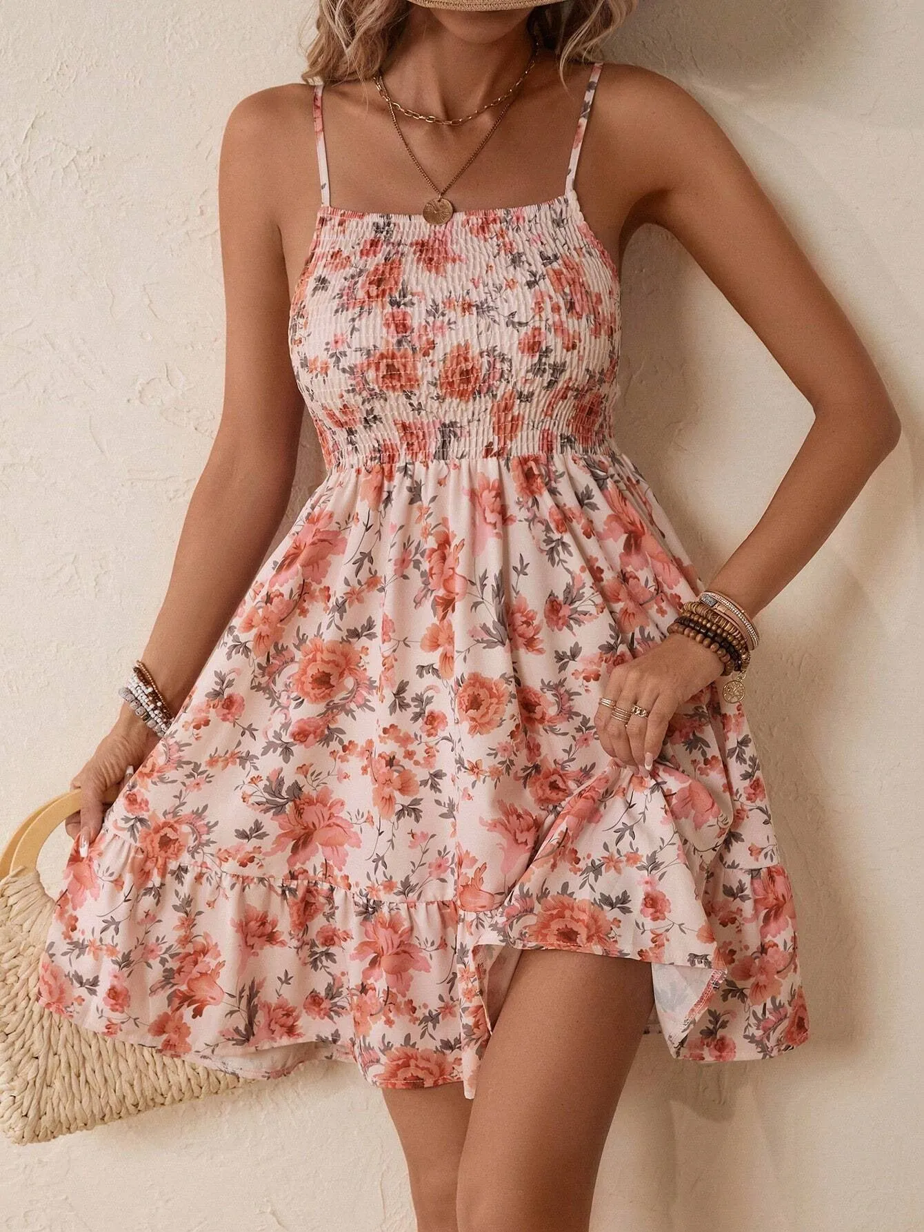 Charming Floral Print Smocked Strap Dress with Ruffle Hem