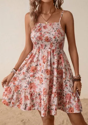 Charming Floral Print Smocked Strap Dress with Ruffle Hem