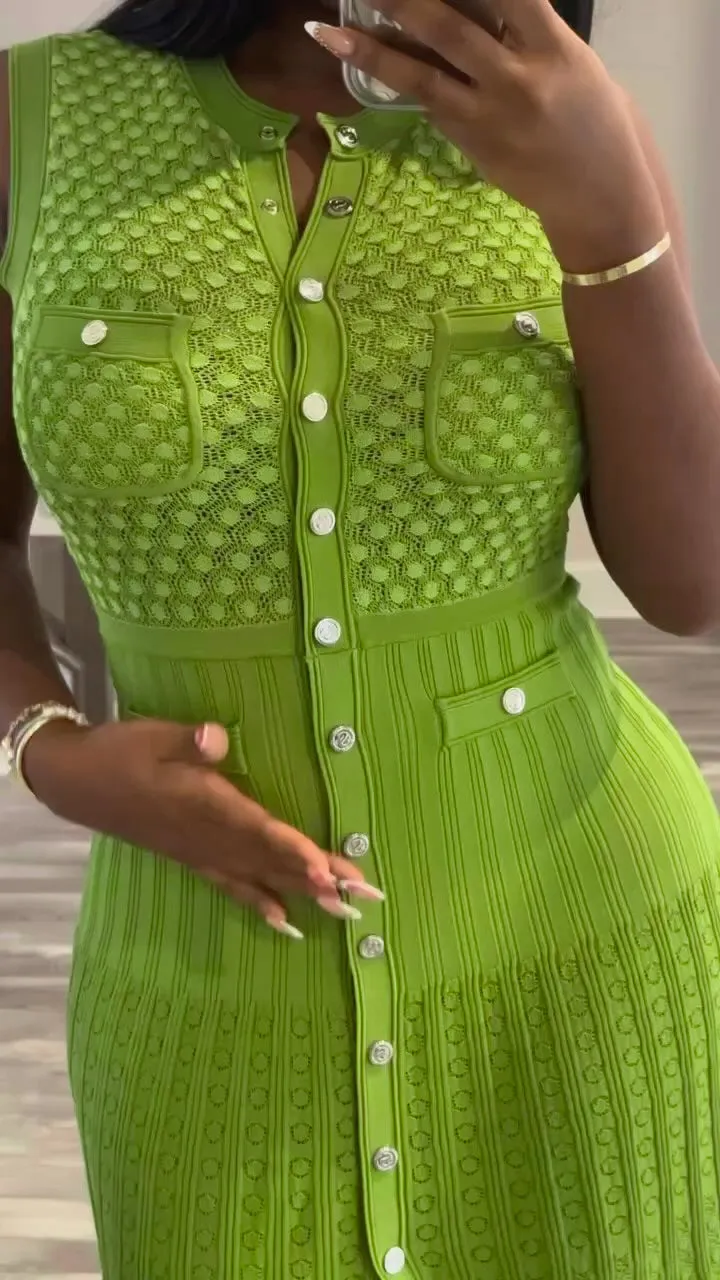 Chic Button-Front Sleeveless Hollow Knit Midi Dress