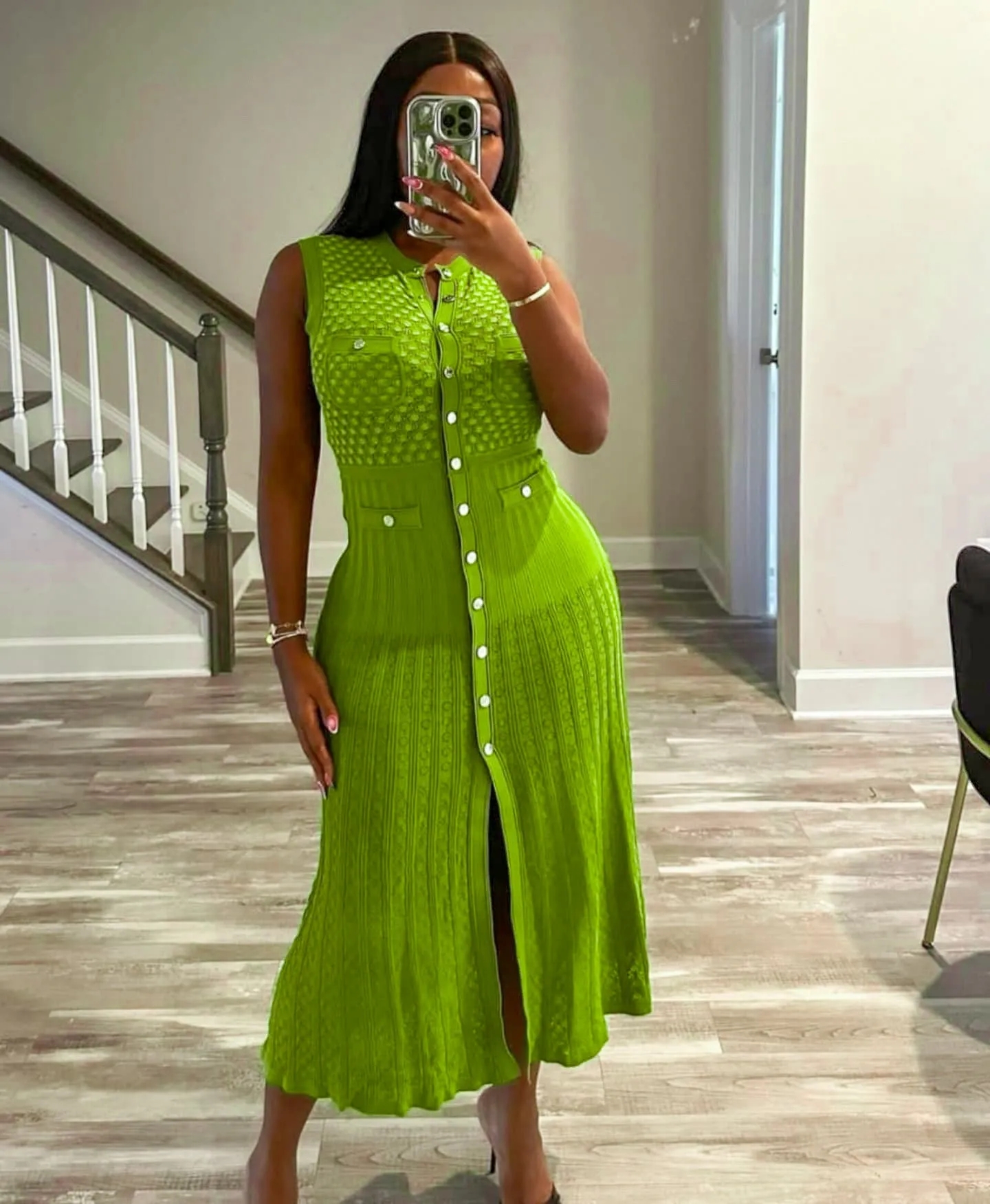 Chic Button-Front Sleeveless Hollow Knit Midi Dress