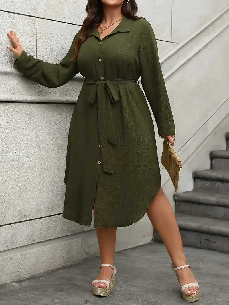 Classic Button-Down Long-Sleeve Belted Shirt Dress