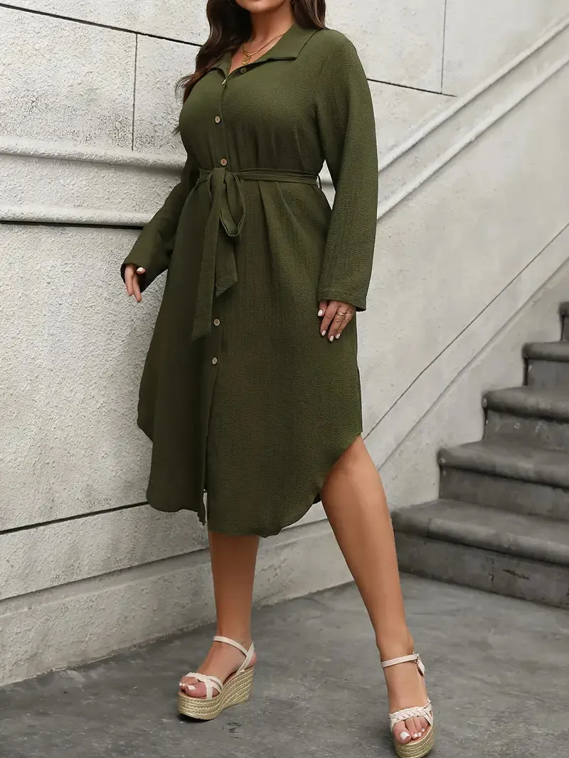 Classic Button-Down Long-Sleeve Belted Shirt Dress