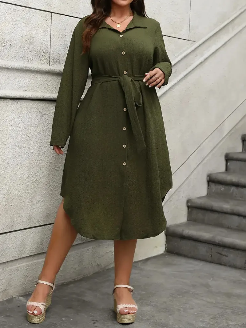 Classic Button-Down Long-Sleeve Belted Shirt Dress