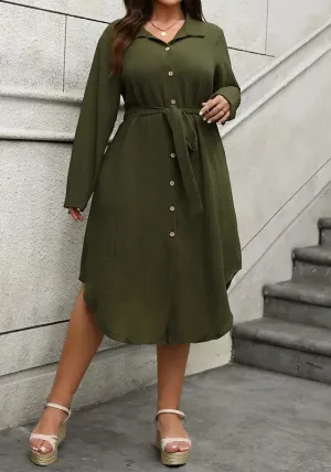 Classic Button-Down Long-Sleeve Belted Shirt Dress