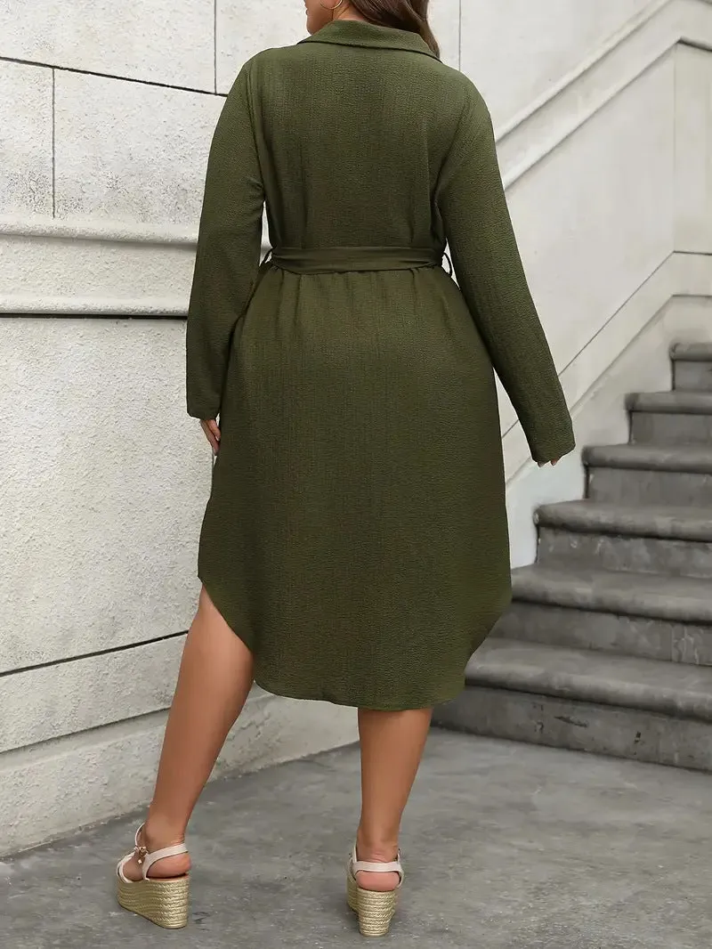 Classic Button-Down Long-Sleeve Belted Shirt Dress