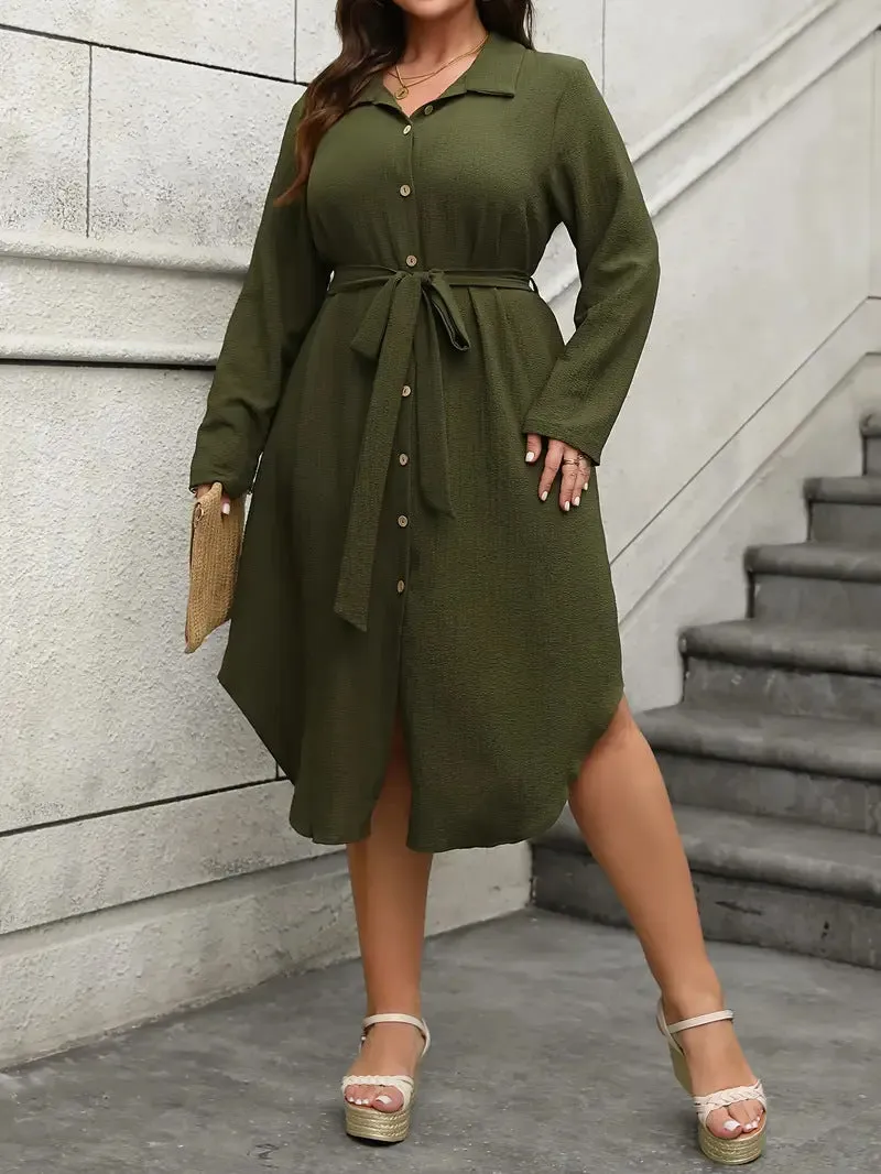 Classic Button-Down Long-Sleeve Belted Shirt Dress
