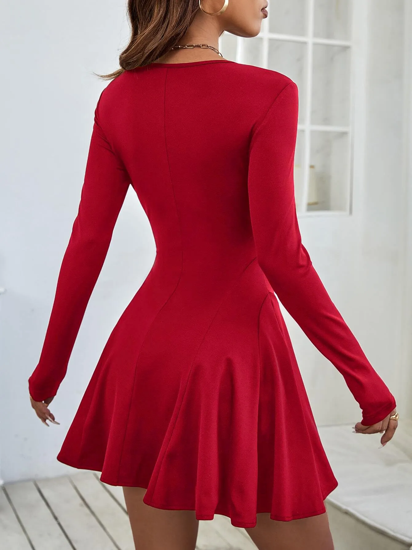 Classic Long-Sleeve Fit-and-Flare Mini Dress for Effortless Elegance