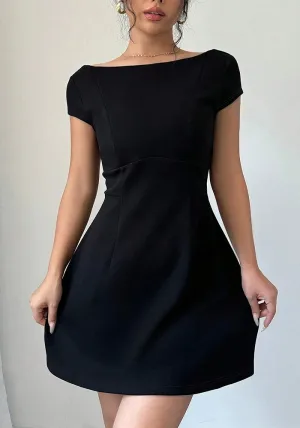 Classic Short-Sleeve Fit-and-Flare Dress with Elegant Backless Design