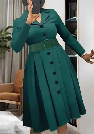 Classic V-Neck A-Line Shirt Dress with Belt Detail