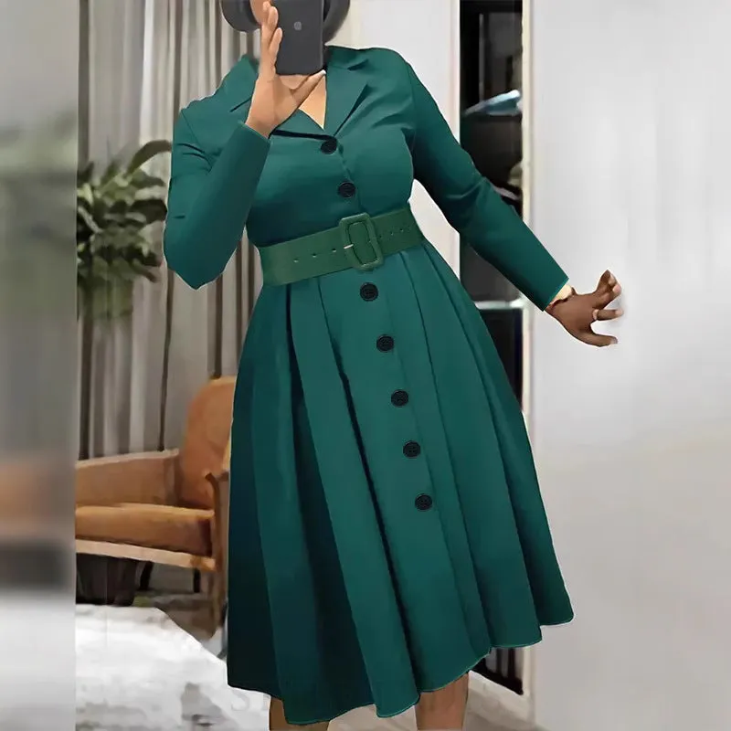 Classic V-Neck A-Line Shirt Dress with Belt Detail